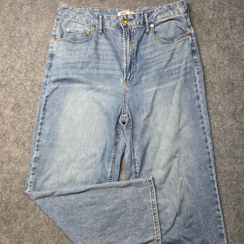 OAT New York Cloud Luxe Denim Light Wash Wide Leg Jeans Size 12/31 Gold Button